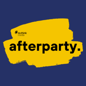 Blauer Hintergrund mit schwarzer Schrift auf gelbem Highlight mit dem Text "Afterparty".